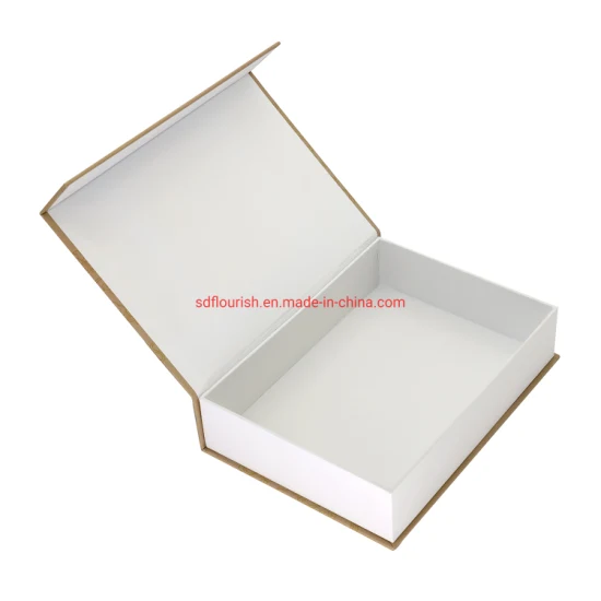 베이지색 코팅지, 덮은 판지로 만든 책 모양의 생일 선물 포장 상자